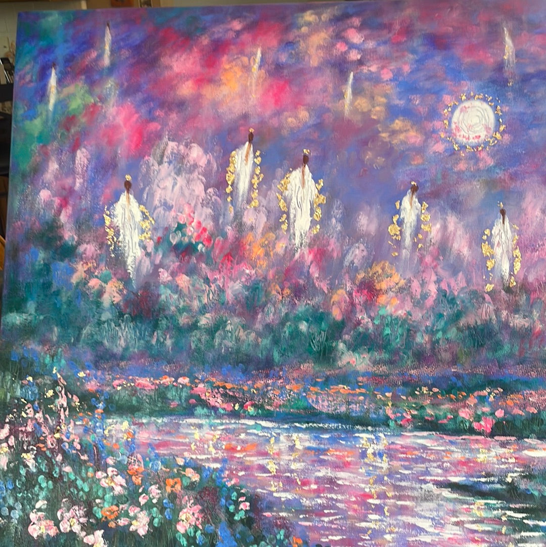 24x36x1.5 Original Oil Painting Angels of Cherry Blossom Heaven in moonlight