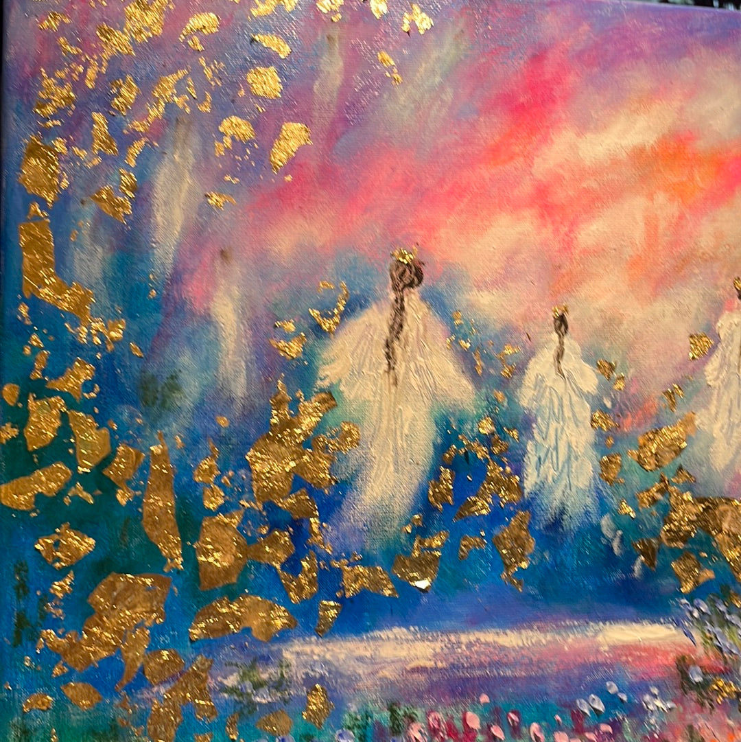 16x20x3/4 Original Painting Angels in Heavens Golden Clouds with Gold Leaf