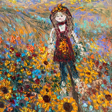 Load image into Gallery viewer, Sunflower fields and little miss Scarecrow ,  12 x 12 x 3/4 )