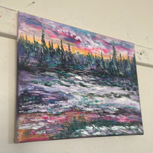 Load image into Gallery viewer, Yosemite pines at red orange dusk and snowy pines -oil and cold wax
