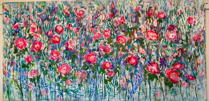 Bright pink with blue wildflowers - 24 x 48 x 1