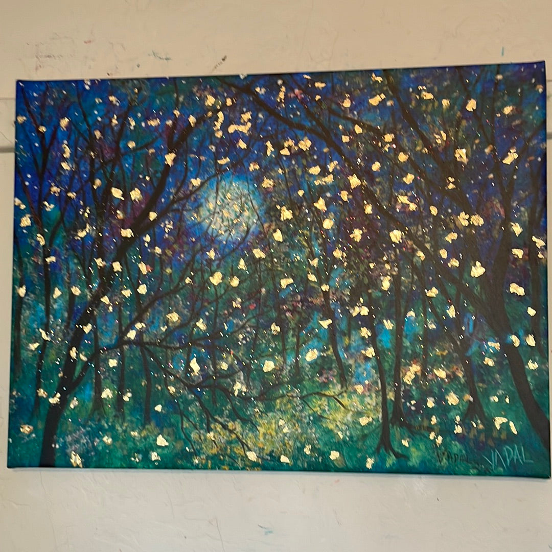 18x24x1  Fireflies under Springtime Moon Canvas Print with Embellished Gold Leaf with Resin Finish