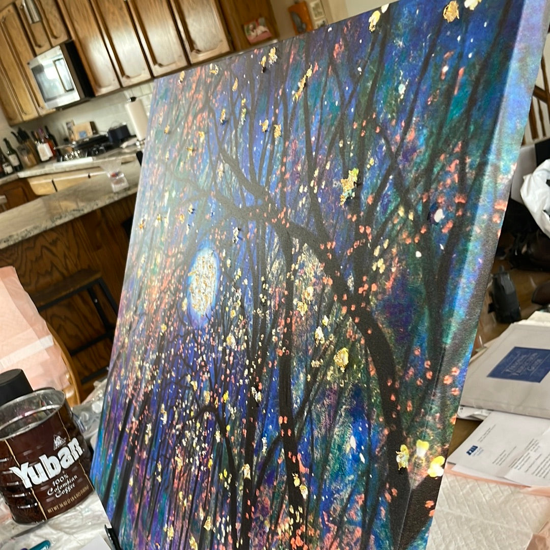 24x30 - Canvas Print - Copper moon and fireflies Embellished with Silver and Gold Leaf