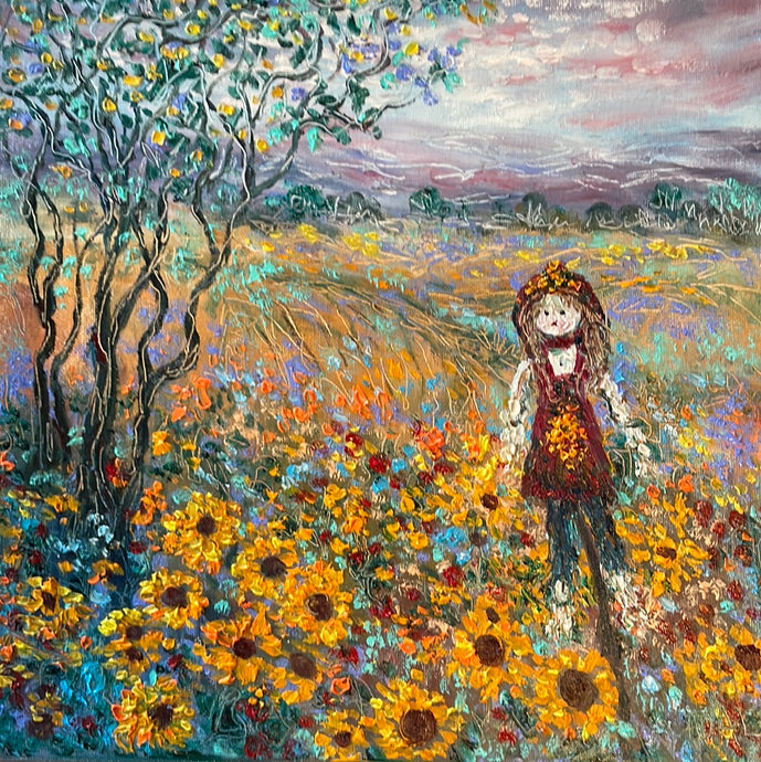 Sunflower fields and little miss Scarecrow ,  12 x 12 x 3/4 )