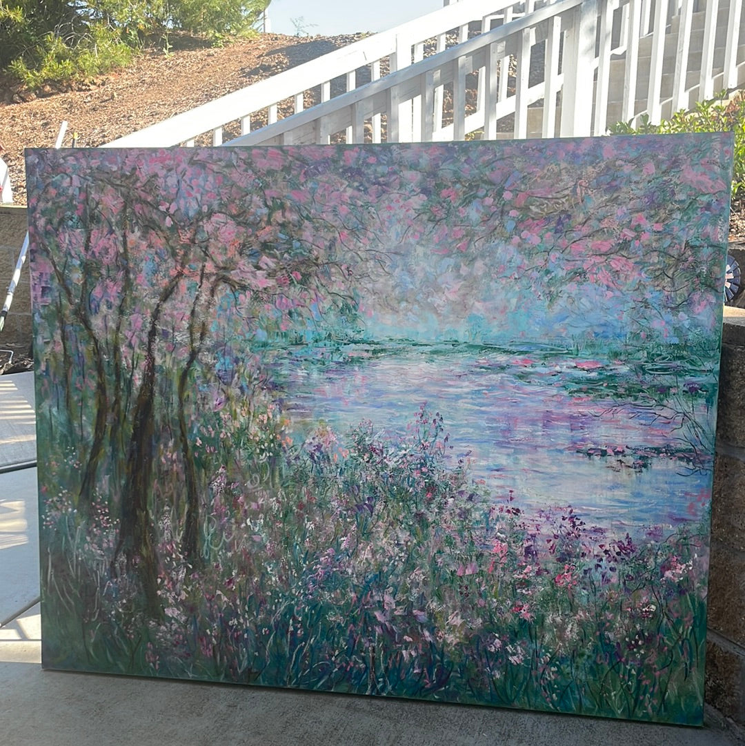 Original painting - Cherry blossom pond - 60 x 48 x 1.5 - oil