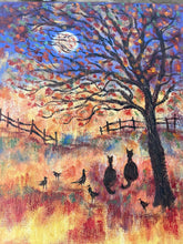 Load image into Gallery viewer, Two black cats ,  5black birds -under Halloween moon-oil and cold wax