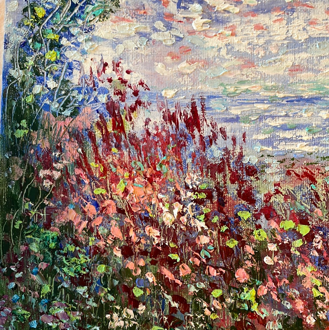 Original painting - California coast - wildflowers - oil and cold wax -8 x 10  on canvas panel