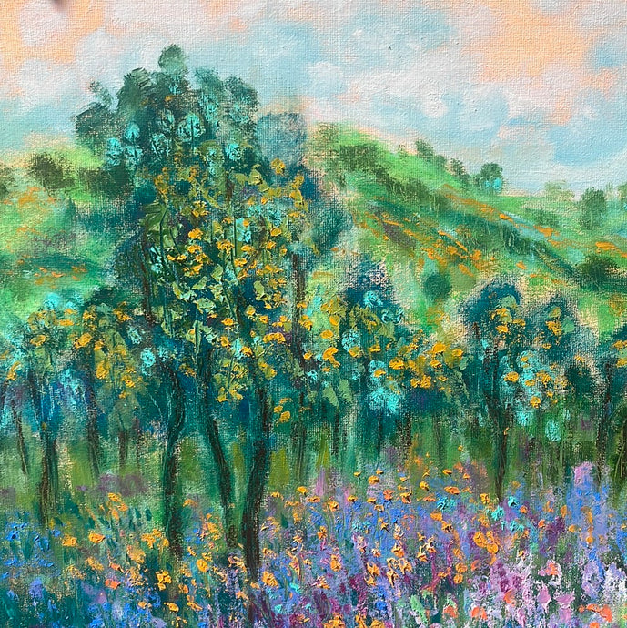 California spring wildflowers and rolling  hills with oak trees - 16 x 20