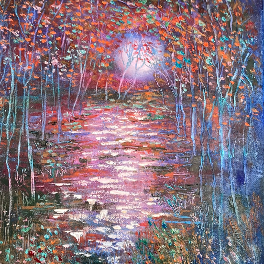 11x14x3/4 Original oil painting - Blue moon stream & red fall trees