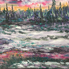 Load image into Gallery viewer, Yosemite pines at red orange dusk and snowy pines -oil and cold wax