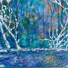 Load image into Gallery viewer, Birchtrees along sunny stream -large mixed medium landscape painting 36 x 36 x 1
