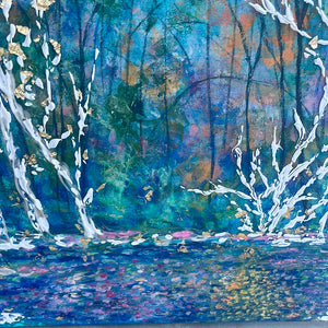 Birchtrees along sunny stream -large mixed medium landscape painting 36 x 36 x 1