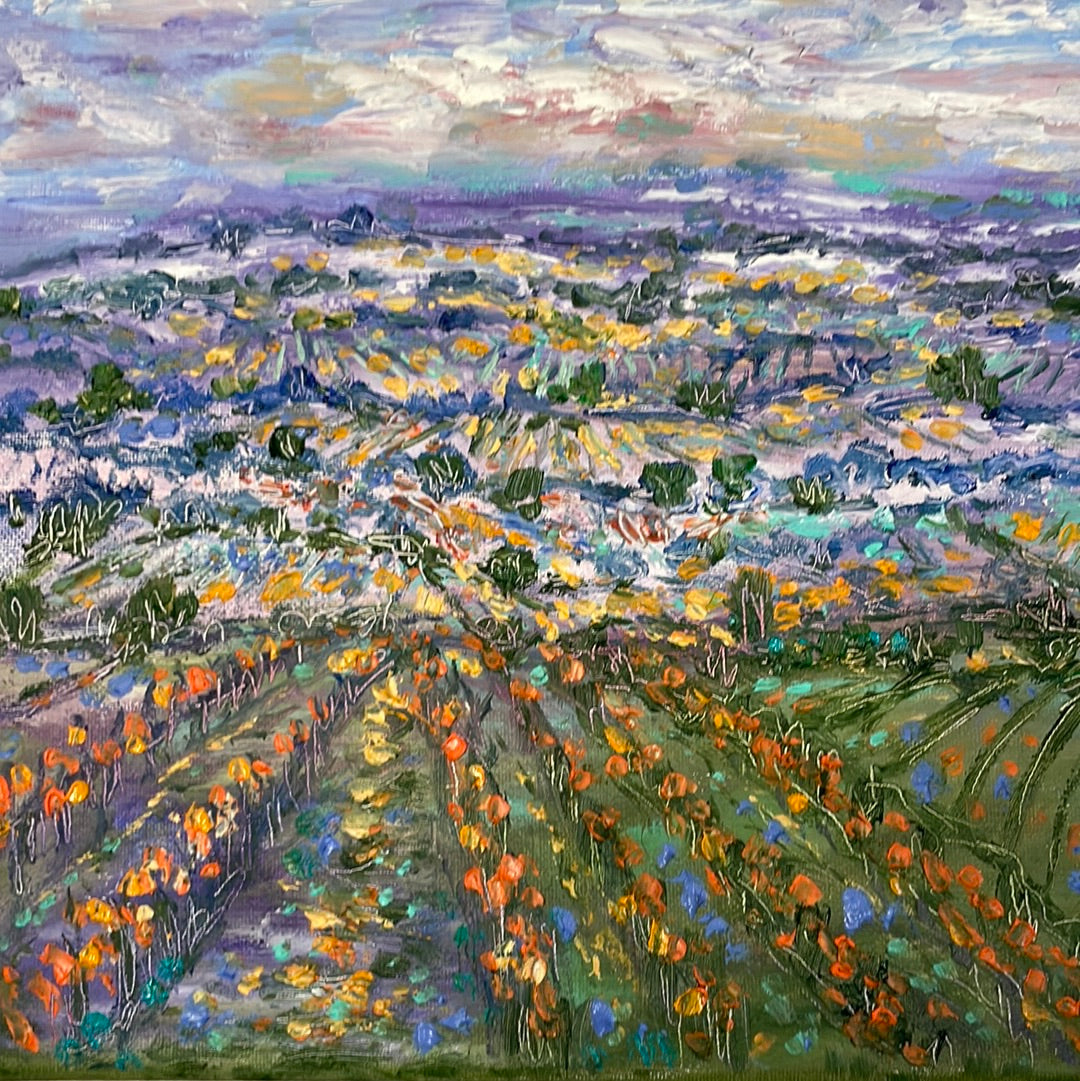 Original painting - Sonoma -Napa autum fields orange golden grape vines & wildflowers -oil and cold wax