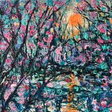 Load image into Gallery viewer, Cascading trees over sunset stream,  12 x 12