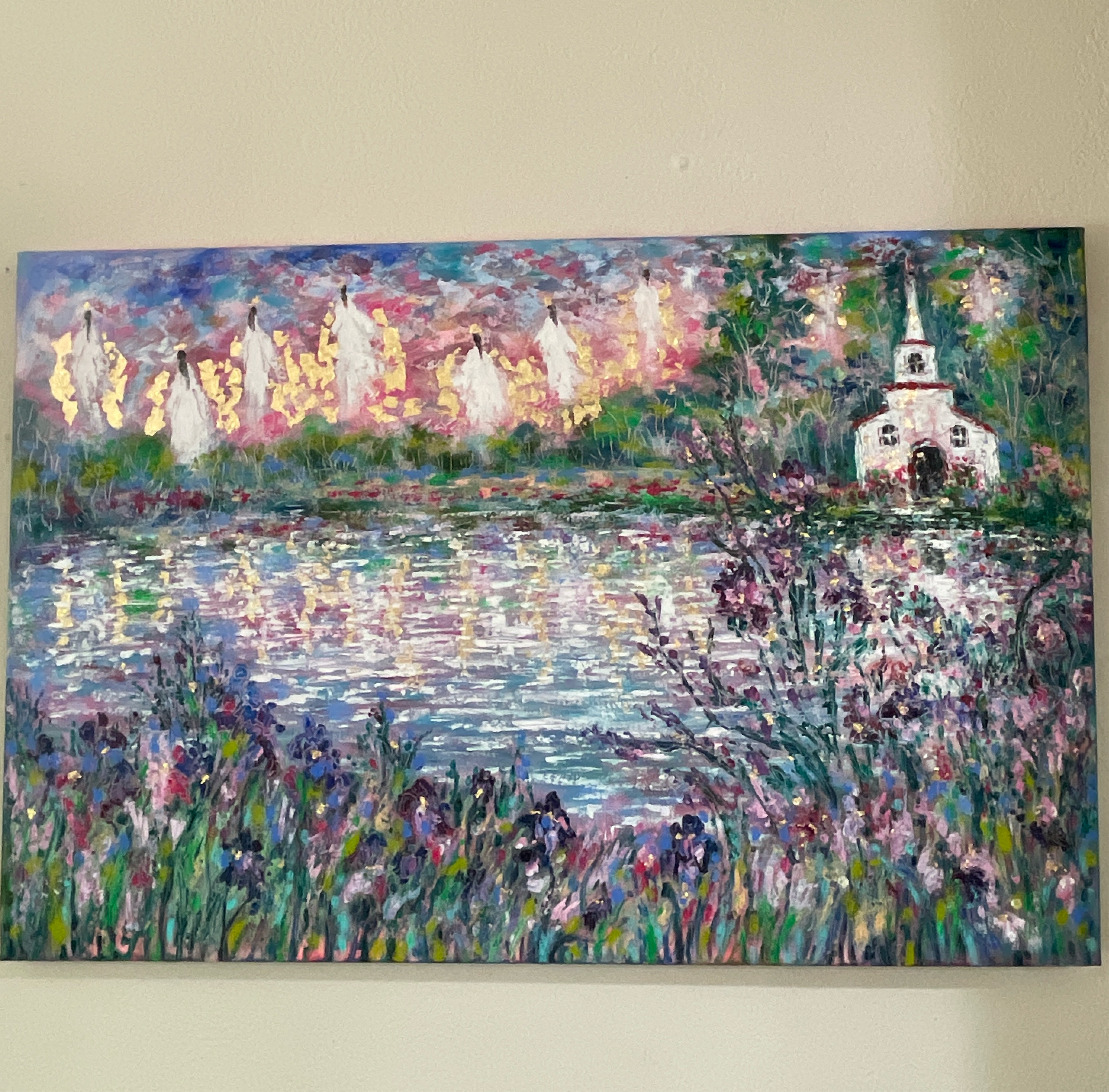 24x36x1.5 Original Painting Angels and White Country Church along wild Iris Pond