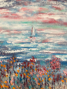 Sailboat and wildflowers with orange poppies in oil and cold wax