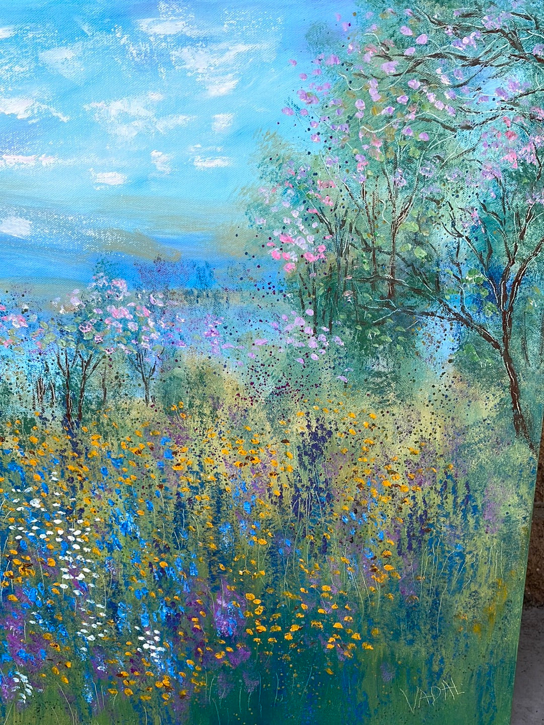 Original painting - California springtime meadow pond & wildflowers- oil -24 x 48 x1