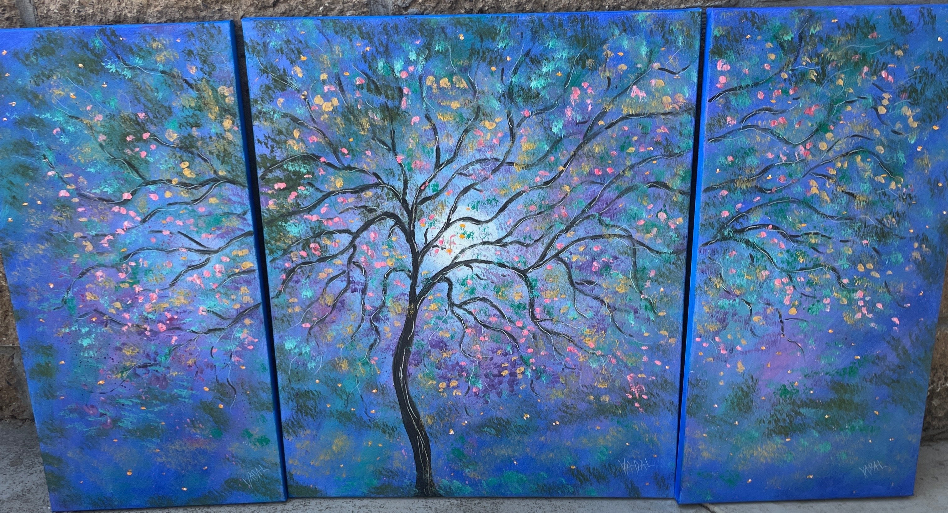 Original paintings - blue violet moon - 44 x 24 -3 painting set - oil paintings