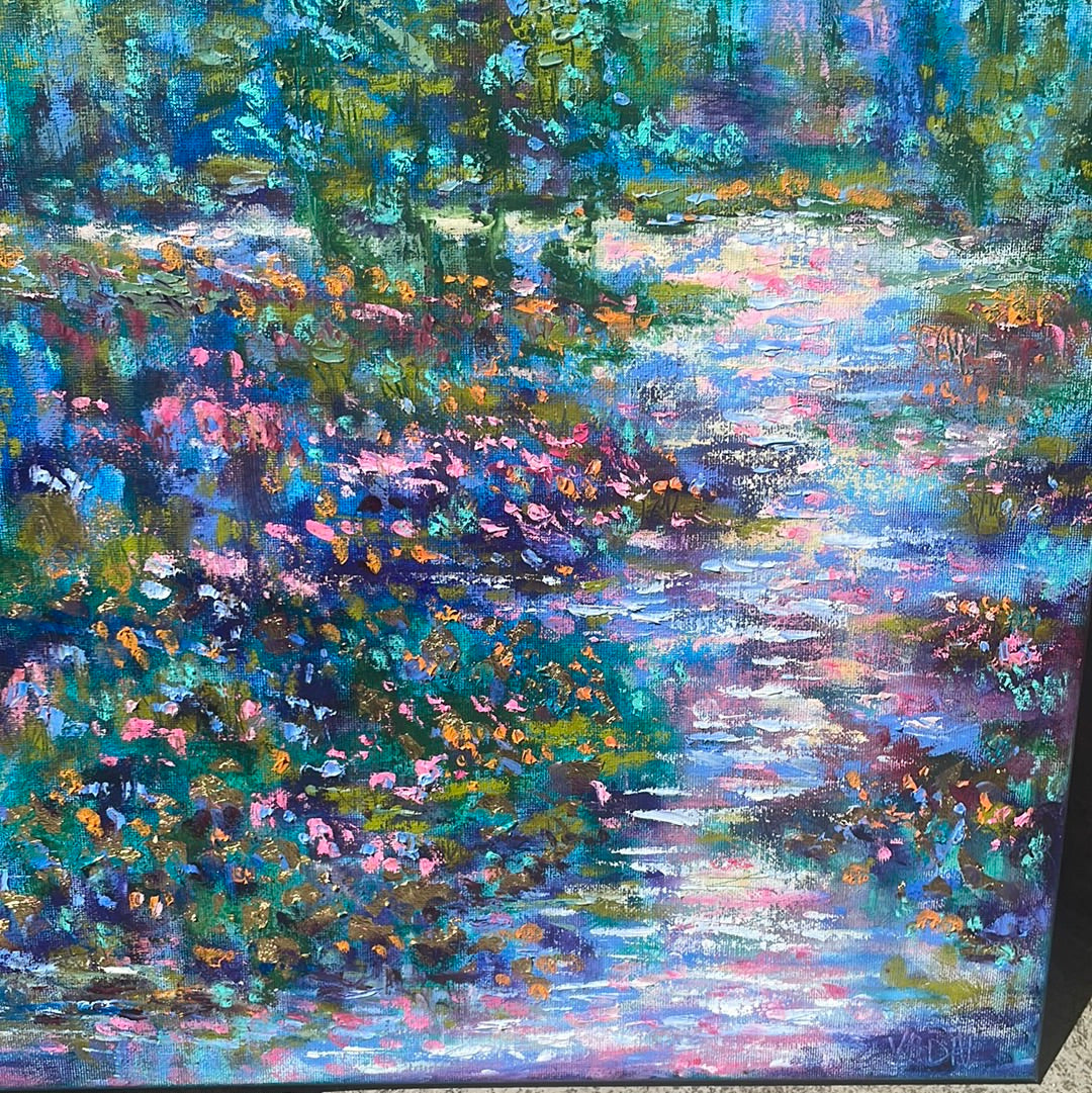 Original painting - California golden wildflowers -and rocky Yosemite  stream -oil painting  16 x20 x3/4