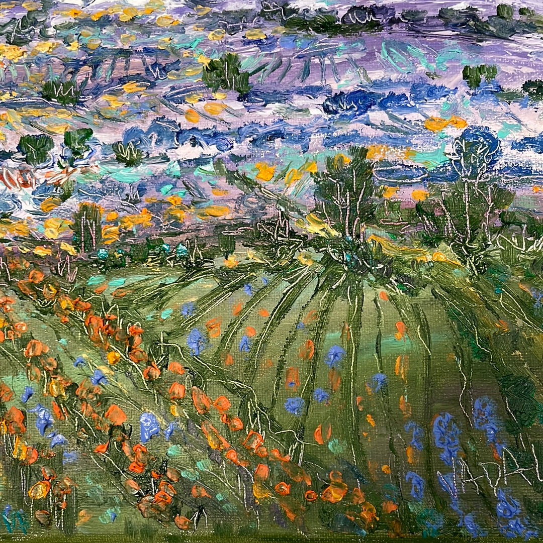 Original painting - Sonoma -Napa autum fields orange golden grape vines & wildflowers -oil and cold wax