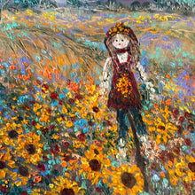 Load image into Gallery viewer, Sunflower fields and little miss Scarecrow ,  12 x 12 x 3/4 )