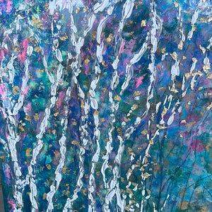 Birchtrees along sunny stream -large mixed medium landscape painting 36 x 36 x 1