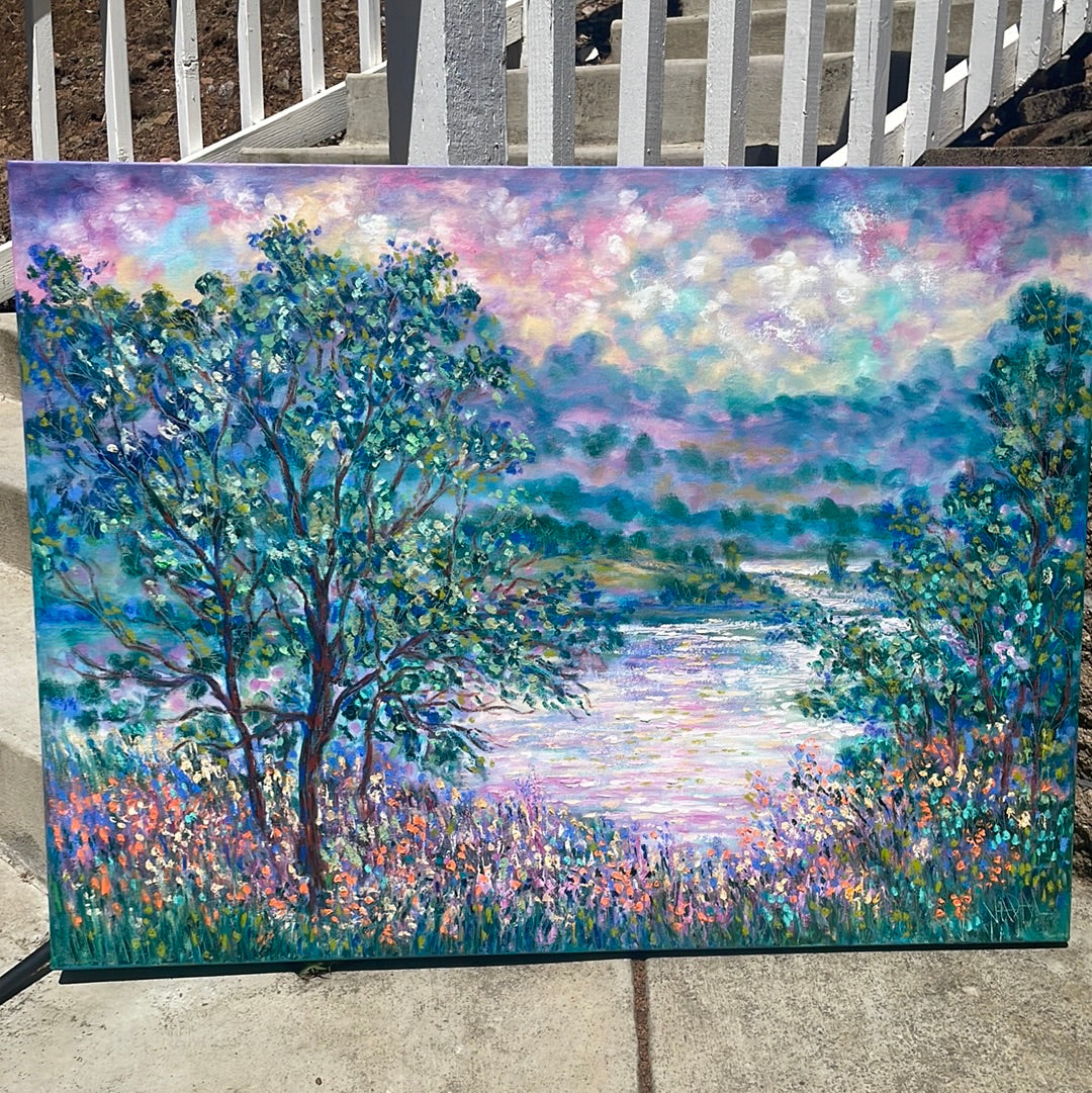 Original painting - California Don Pedro lake , oak trees and wildflowers -oil painting  40 x 30 x 1.5