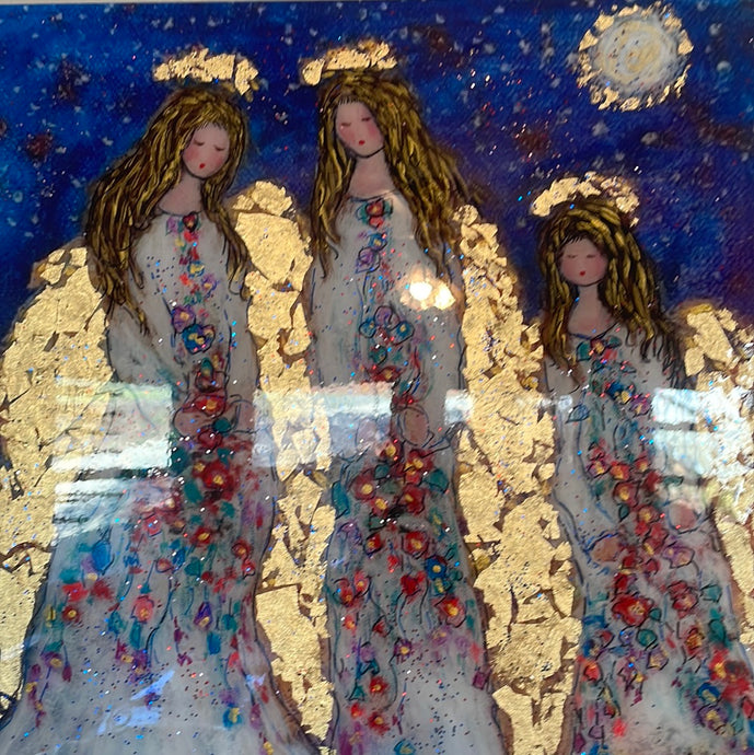 #18/30 in stock - limited edition embellished print -Angels in heavens moonlight  - 16 x 16 x1 with gold leaf -a resin finish has been added