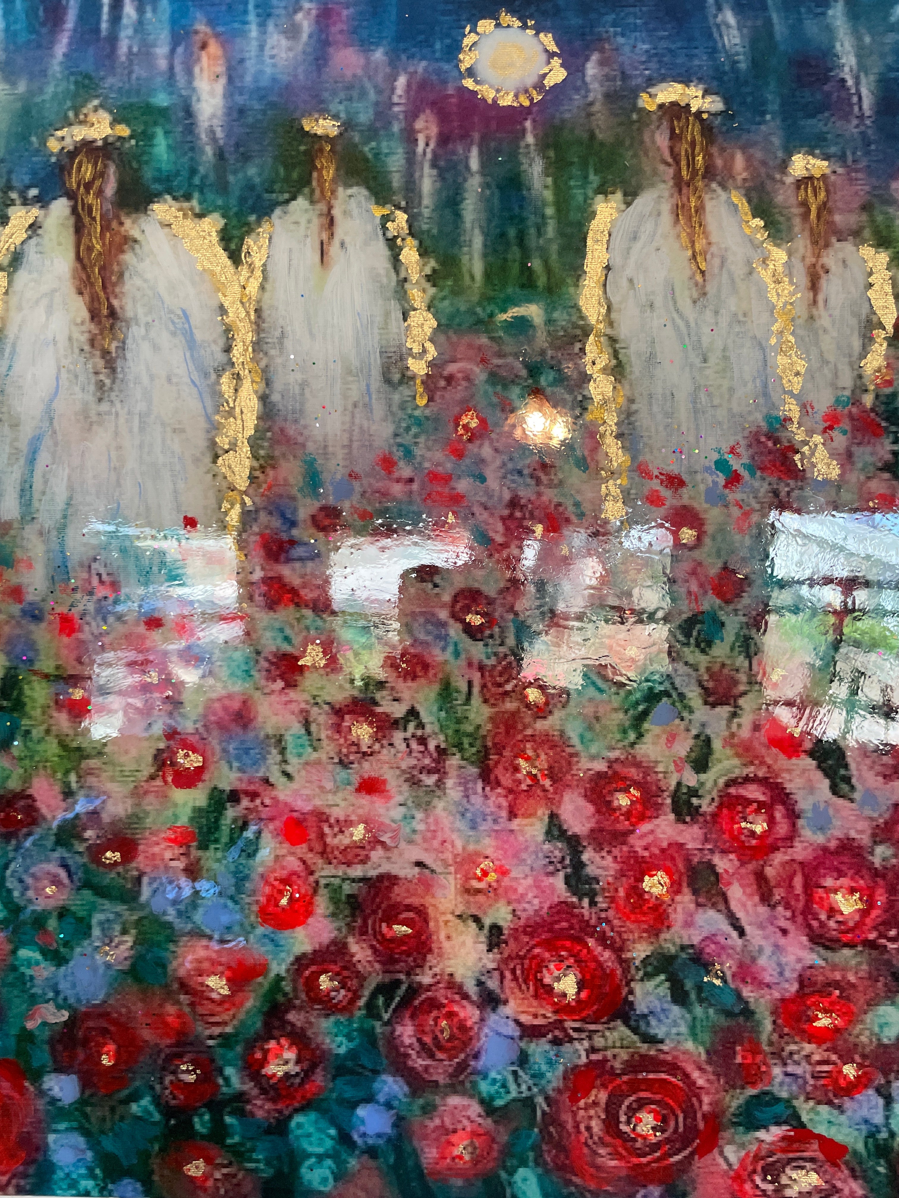 18x24 Canvas Print - Angels of the Rose Garden Moonlight Resin Finish