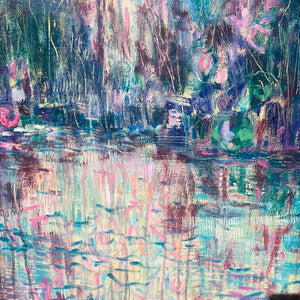 Blush pink -teal pond -abstract impressionist landscape painting 36 x 36 x 1