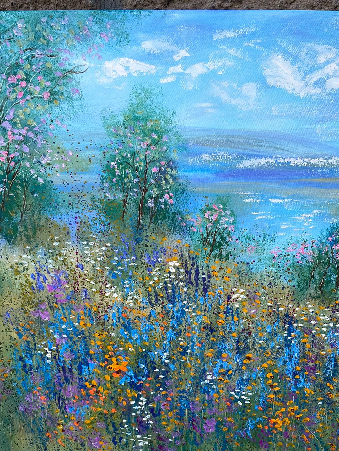 Original painting - California springtime meadow pond & wildflowers- oil -24 x 48 x1