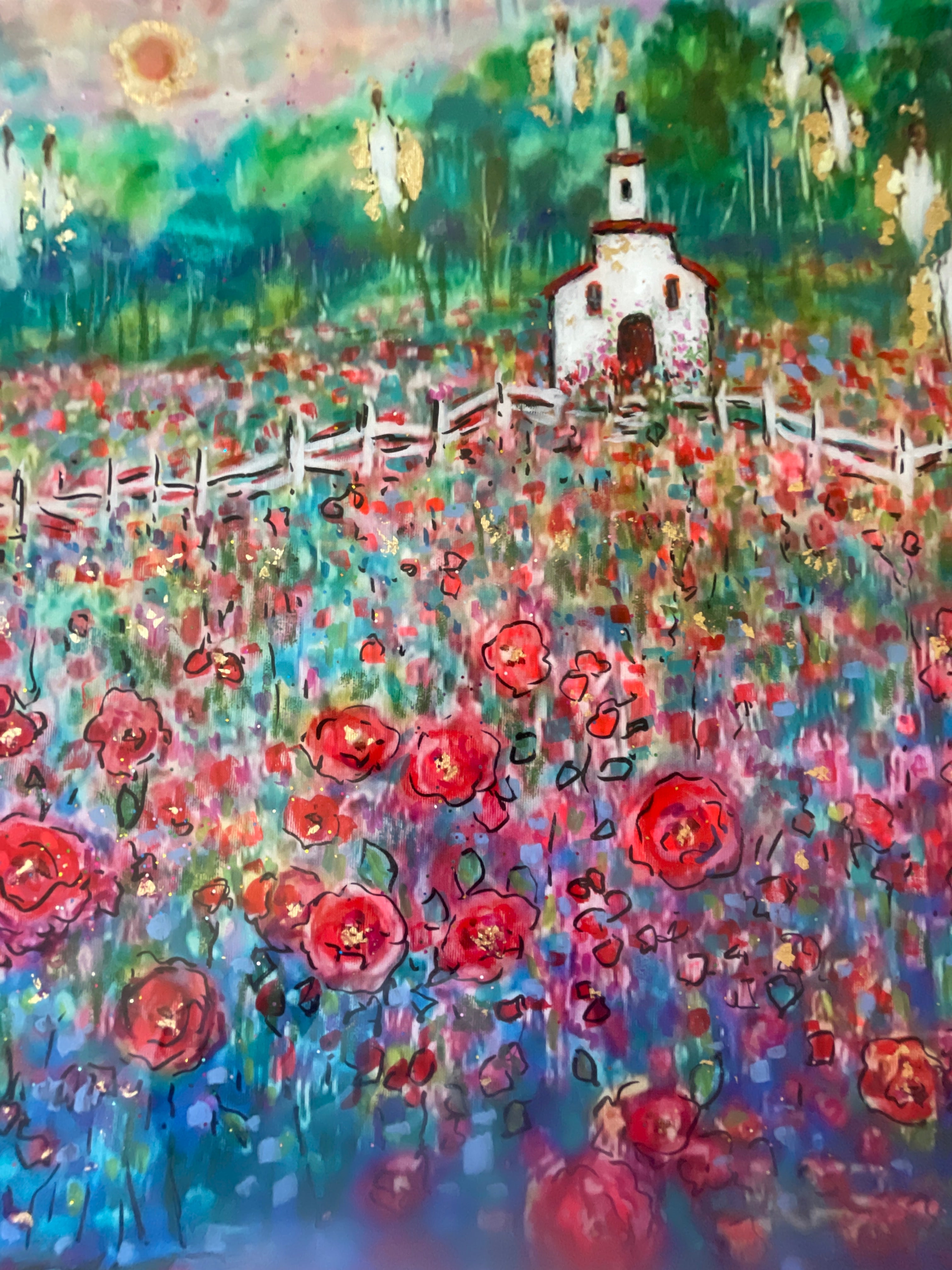 18x24x1 Canvas Print White Country Church Among Red Poppy Fields with Angels