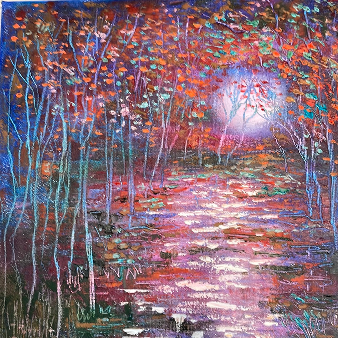 11x14x3/4 Original oil painting - Blue moon stream & red fall trees