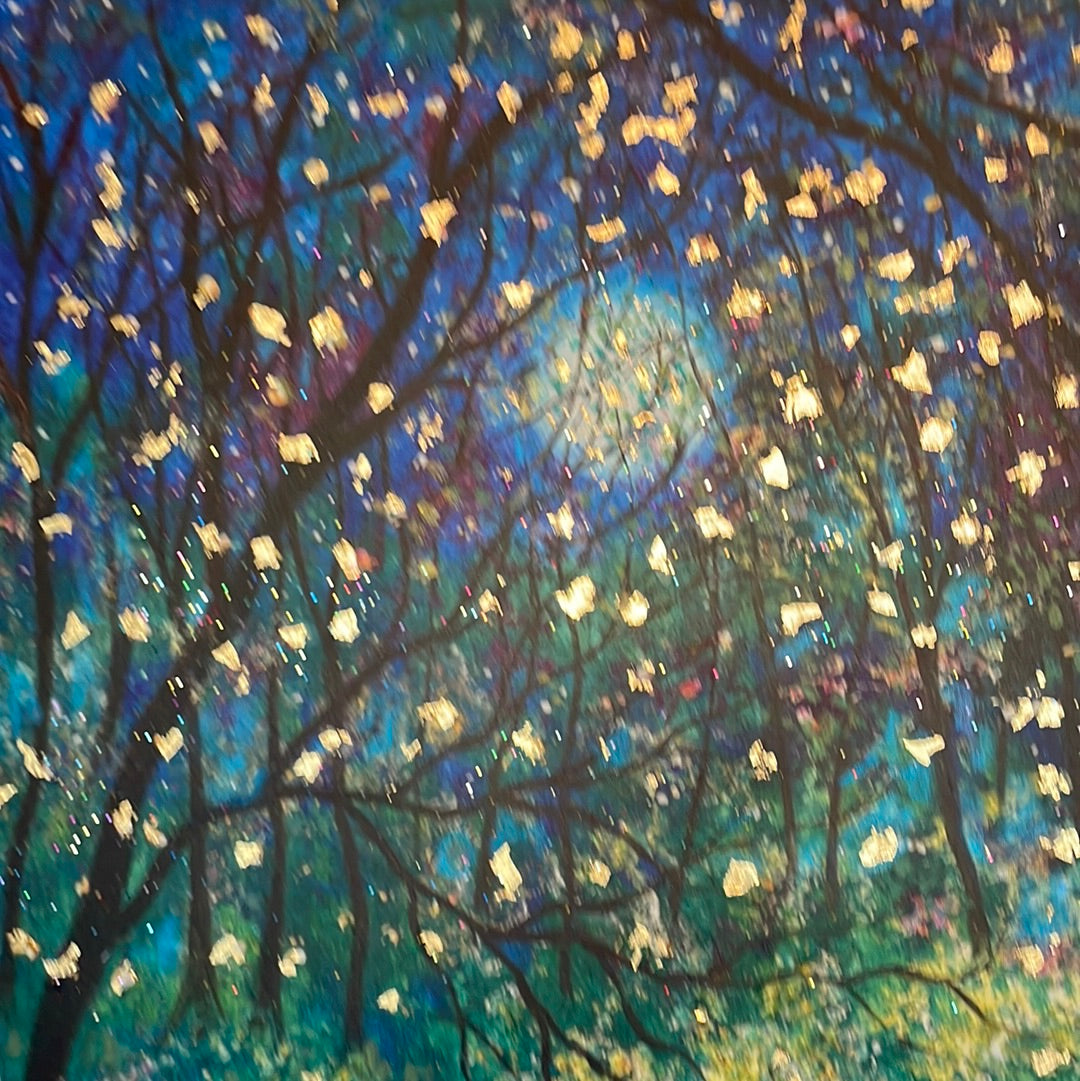 18x24x1  Fireflies under Springtime Moon Canvas Print with Embellished Gold Leaf with Resin Finish