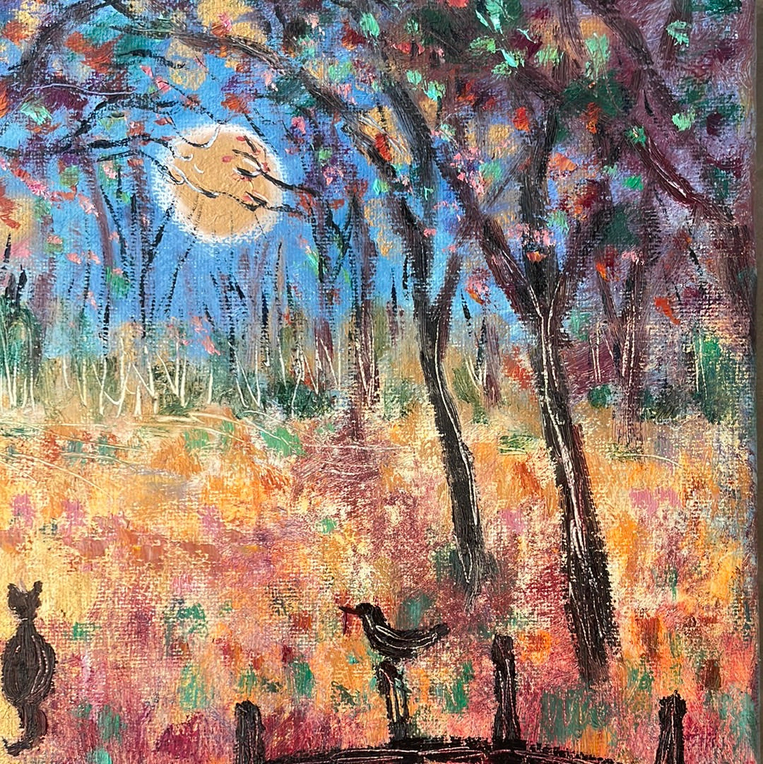 Two black cats ,  3 black birds -under Halloween moon-oil and cold wax