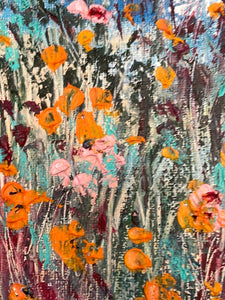 Sailboat and wildflowers with orange poppies in oil and cold wax