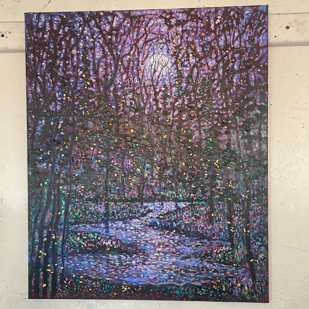 24x20x1 Original painting - Blue Violet Moon with Springtime Pond