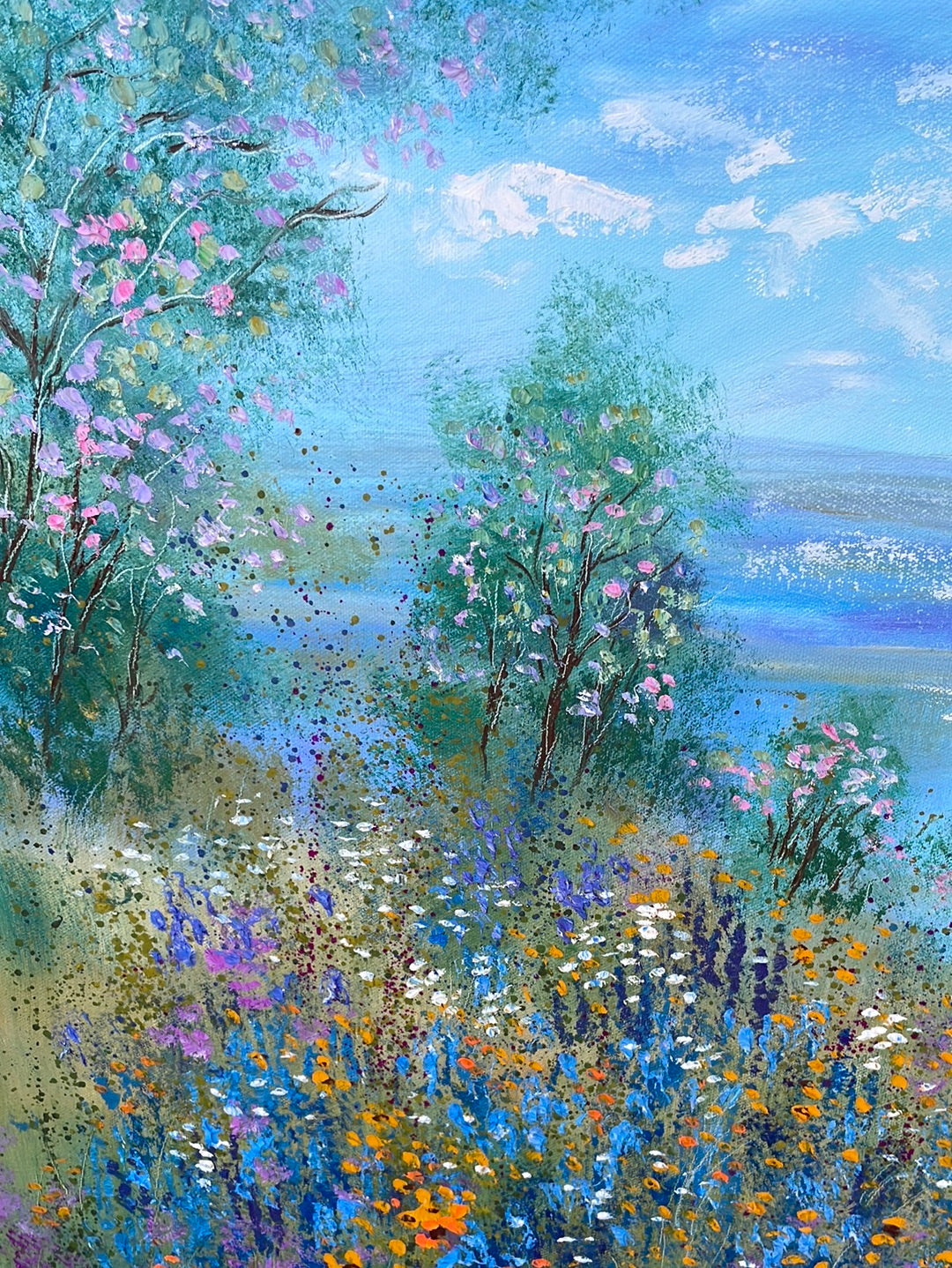 Original painting - California springtime meadow pond & wildflowers- oil -24 x 48 x1