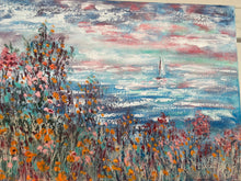 Load image into Gallery viewer, Sailboat and wildflowers with orange poppies in oil and cold wax