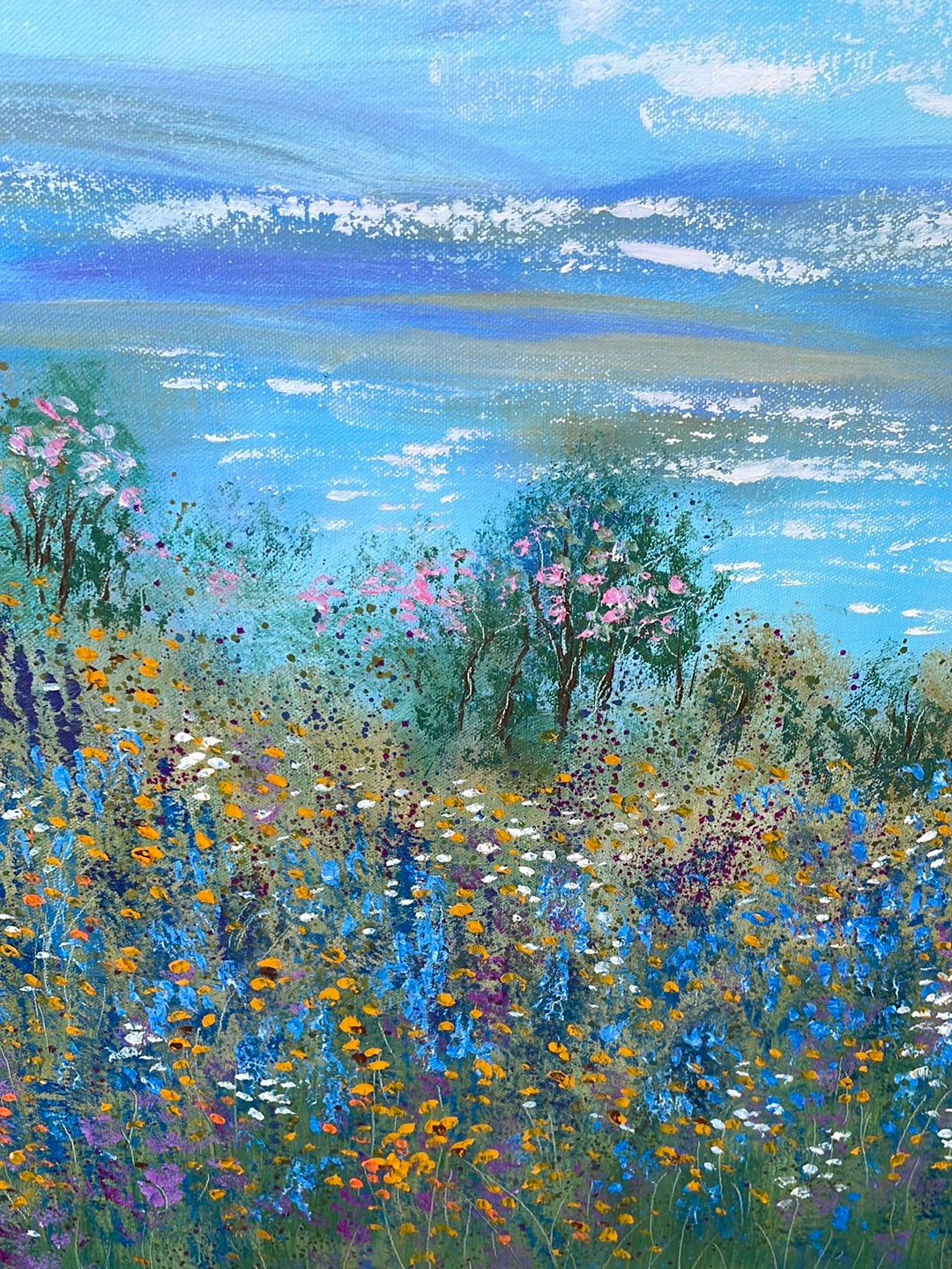 Original painting - California springtime meadow pond & wildflowers- oil -24 x 48 x1