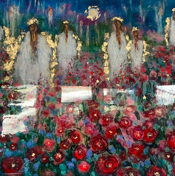 # 8 / 30 - in stock - limited edition embellished print - Angels in moonlight  - Rose Garden -painting with gold leaf- 18 x 24