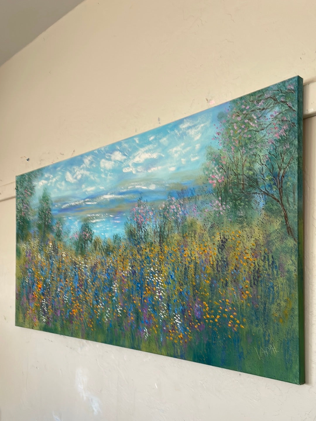 Original painting - California springtime meadow pond & wildflowers- oil -24 x 48 x1