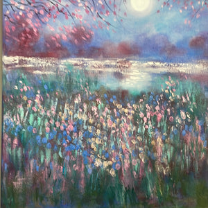 Spring cherry blossom  trees in moonlight-original oil paintings - total inches 32  x 20 x1