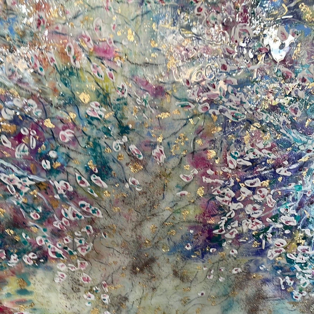 Original painting - Glowing stream and birch trees  - Large painting 60 x 48 x 1.5 - oil , plaster , and gold leaf