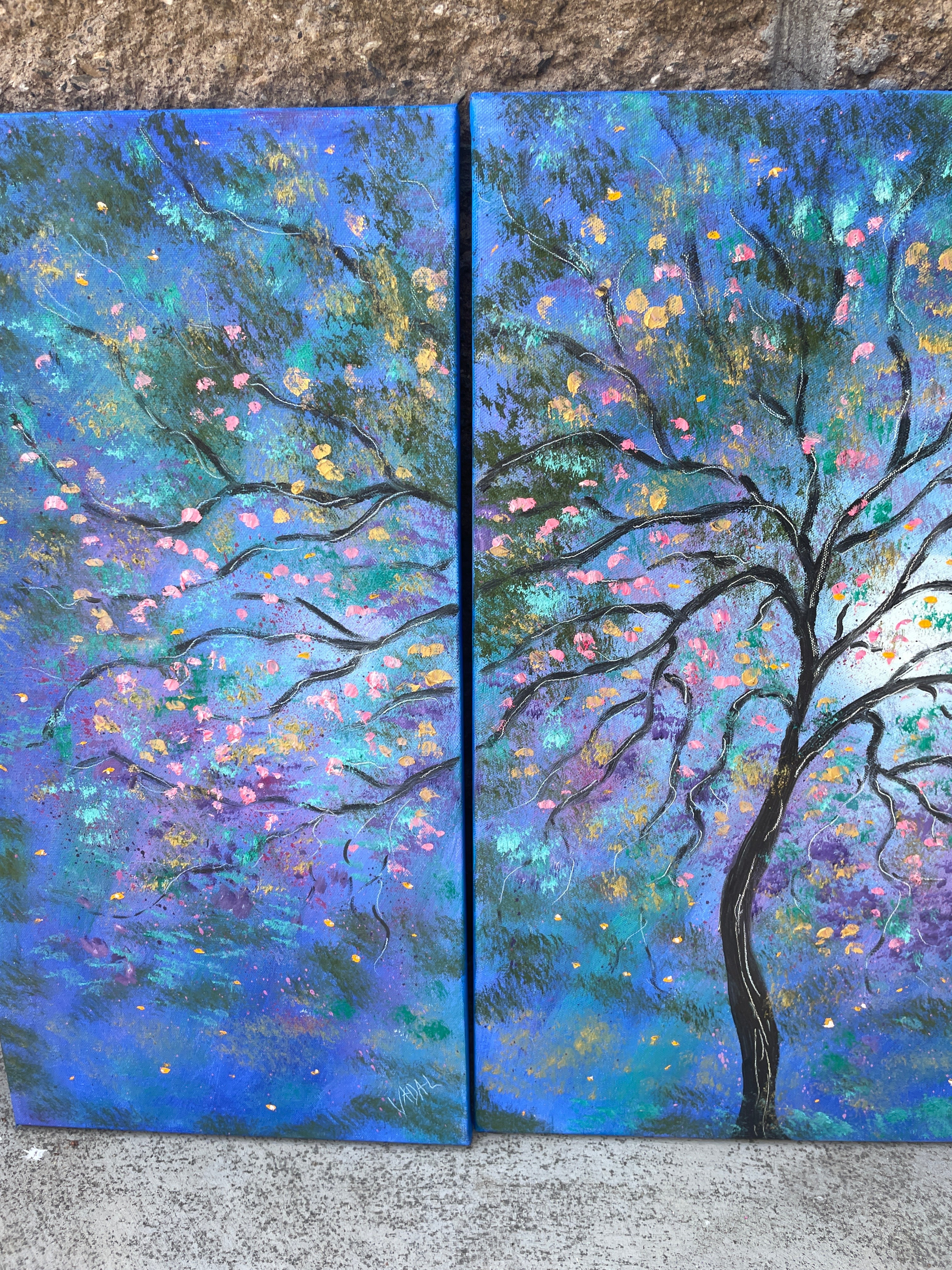 Original paintings - blue violet moon - 44 x 24 -3 painting set - oil paintings