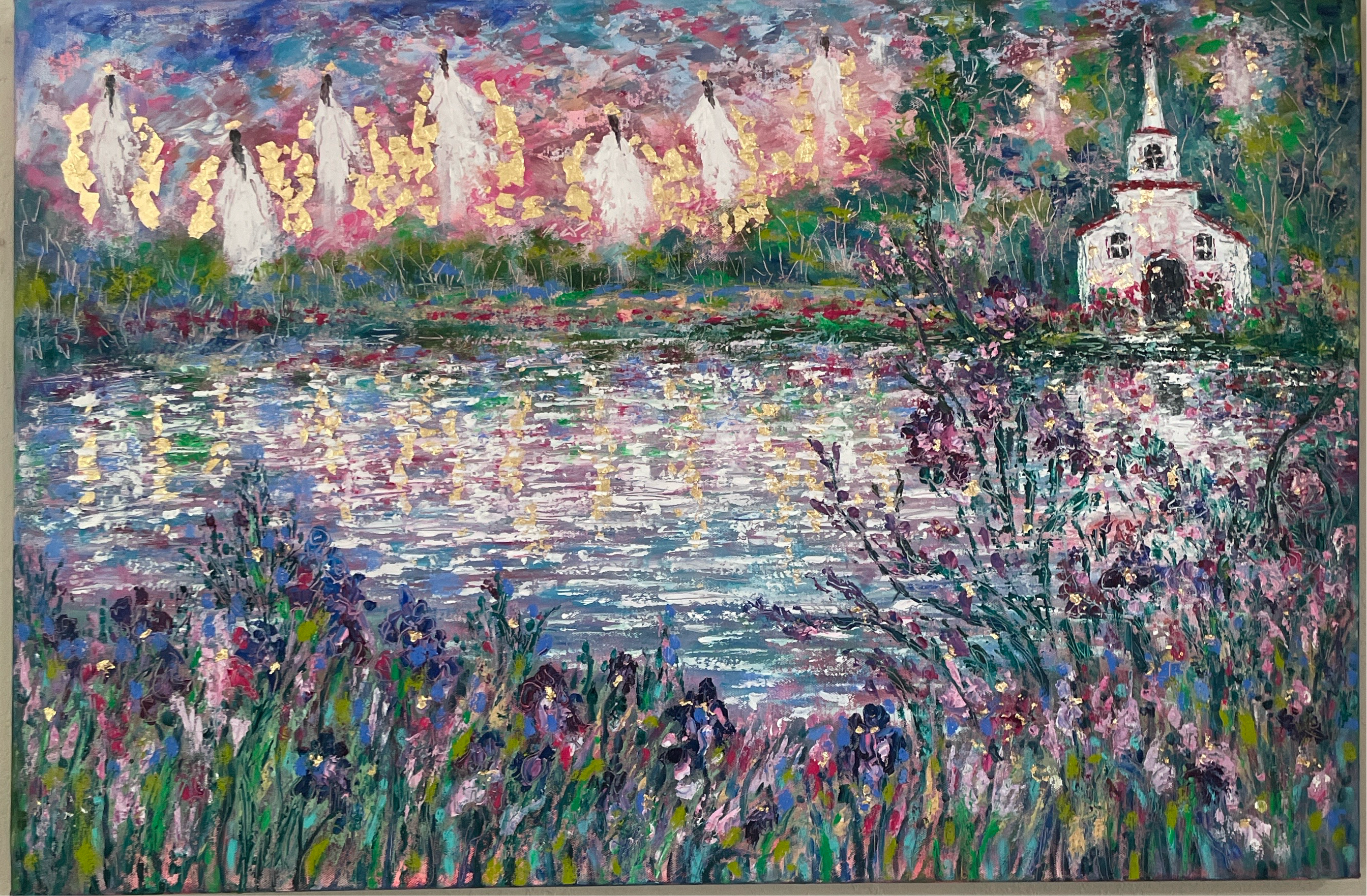 24x36x1.5 Original Painting Angels and White Country Church along wild Iris Pond