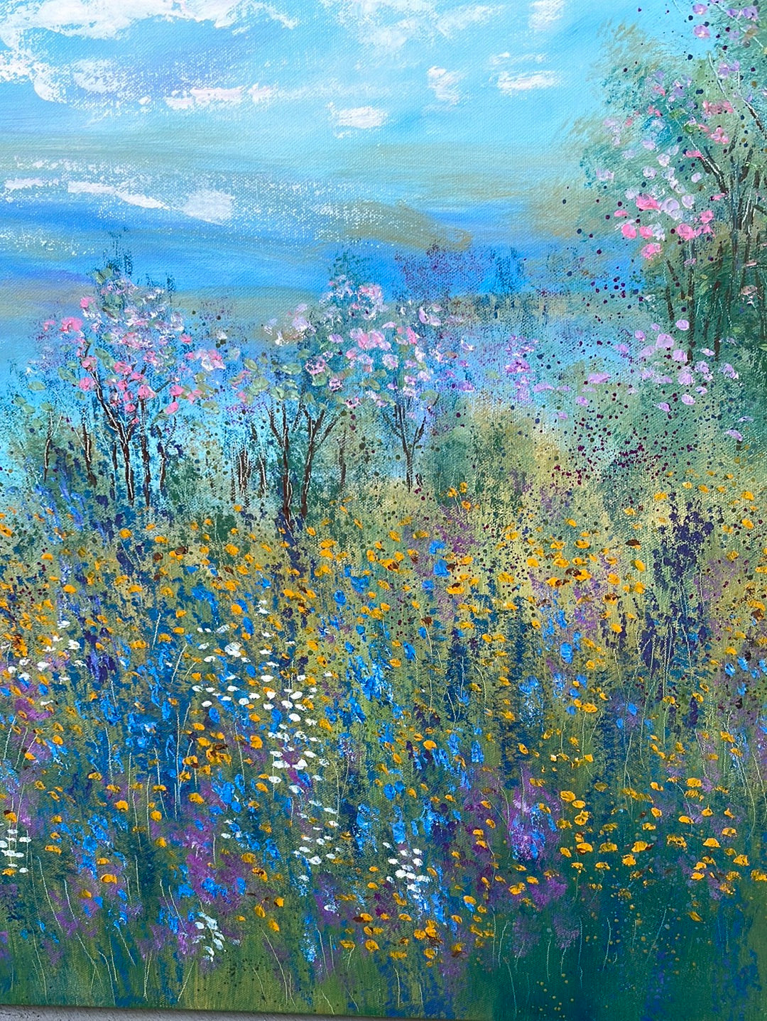 Original painting - California springtime meadow pond & wildflowers- oil -24 x 48 x1