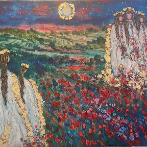 6/15  -in Stock- embellished canvas print- Angels of the vineyards in moonlight -acrylic highlights and gold leaf-18 x 24 x1-your choice Varnish or Resin finish