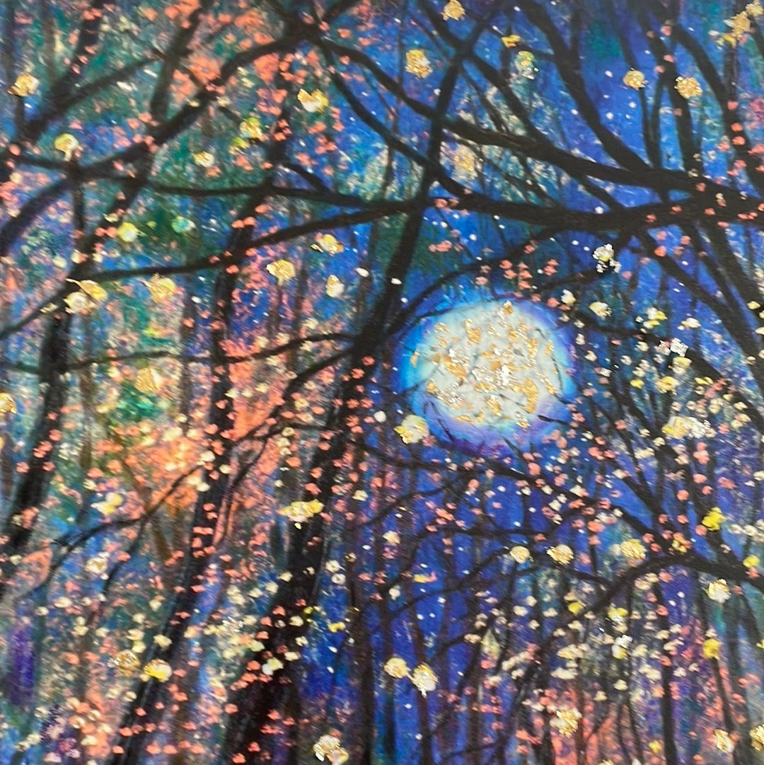 24x30 - Canvas Print - Copper moon and fireflies Embellished with Silver and Gold Leaf