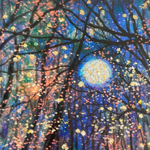 Load image into Gallery viewer, 24x30 - Canvas Print - Copper moon and fireflies Embellished with Silver and Gold Leaf